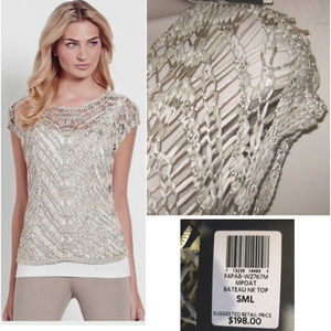 NWT Eileen Fisher Layering top S Metallic $198 Beige Open knit Light brown USA